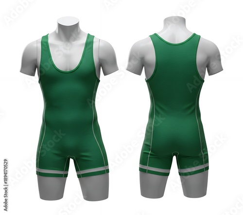 Professional Green Wrestling Singlet Mockup with White Stripe Accents, Front and Back Presentation on White Mannequin for Athletic Teamwear Branding