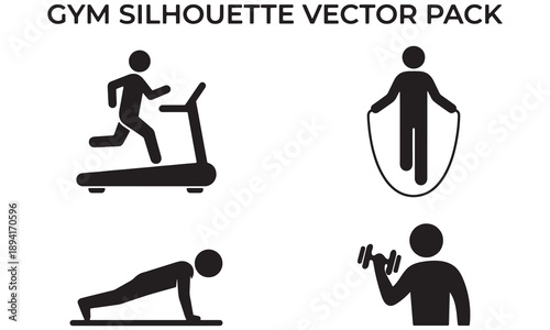 Gym workout silhouette vector pack – treadmill, jump rope, push up, dumbbell icons