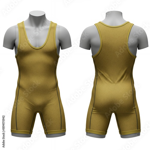 Mustard Yellow Male Wrestling Singlet with Contrast Piping on Grey Mannequin Front and Back View for College Sports Team Branding
