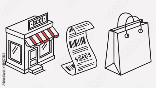 Outline Isometric Retail Shop Receipt and Shopping Bag Vector E-commerce Transaction Consumer Spending Financial Data