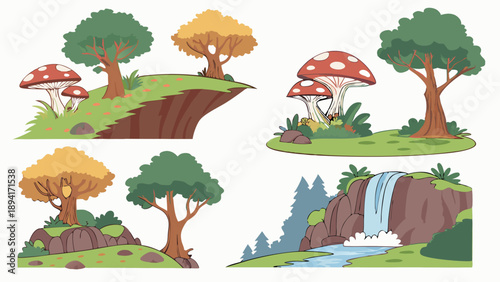 Adventure Game Environment Assets Vector Illustration Set Cartoon Fantasy Landscape Scenes Trees Mushrooms Waterfall Cliff