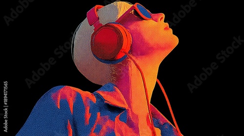 Woman wearing headphones and sunglasses. The headphones are red and the sunglasses are black