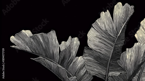Black and white drawing of a leafy plant with a very thin stem. The drawing is very detailed