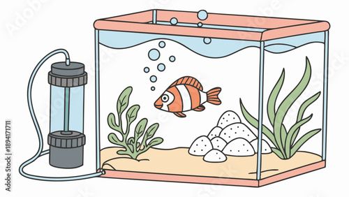 Colorful Cartoon Illustration of a Home Aquarium Setup Featuring a Clownfish Swimming and an External Water Filter System