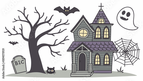 Spooky Halloween Haunted House Vector Illustration Night Scene with Ghost Bat Spiderweb and Bare Tree Design for Seasonal Holiday Marketing