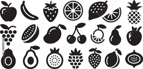 Collection of various fruit icons in black silhouette style on white background