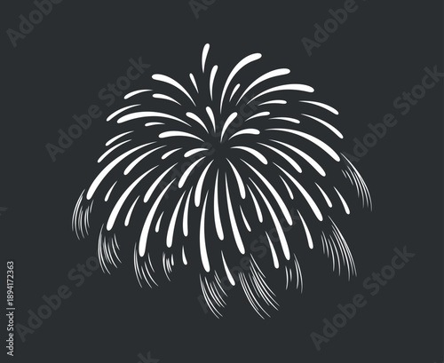 Stylized white firework burst illustration against a dark solid black background
