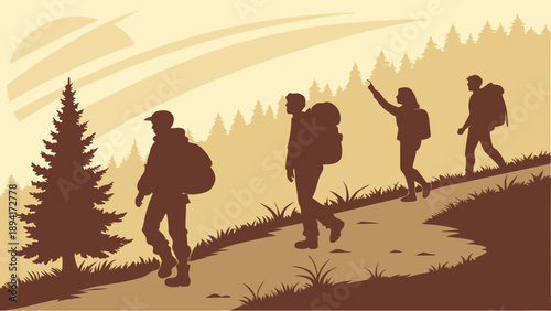 Four Backpackers Hiking Uphill on Forest Trail Silhouette Sepia Illustration Adventure Travel Teamwork