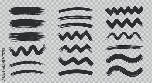 Collection of black brush strokes and paint splatters on transparent background