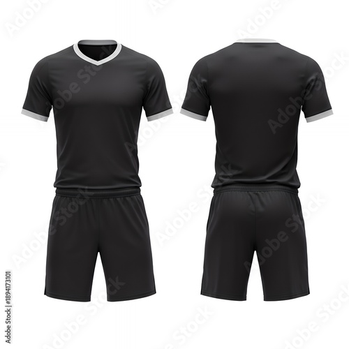 Black Football Kit Mockup Featuring V-Neck Jersey with White Trim and Matching Shorts Front and Back View on White Background