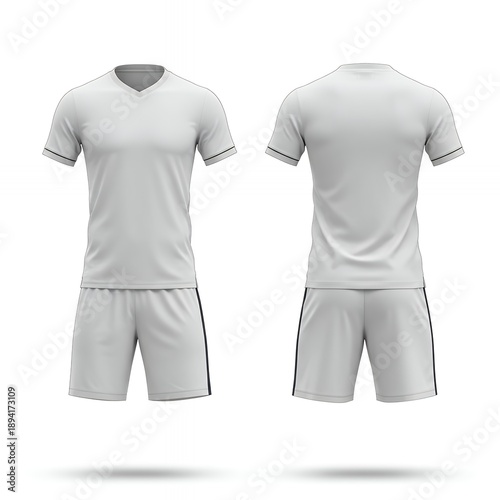 White Football Jersey and Shorts Mockup with Thin Black Side Stripe and Trim Detail Front and Back View Template