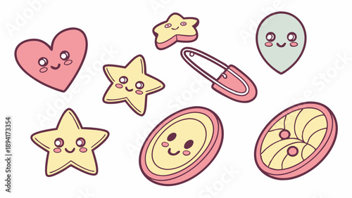 Cute Kawaii Pastel Doodle Elements Collection Heart Star Button Safety Pin for Scrapbooking Kids Fashion Design and Cheerful Graphics