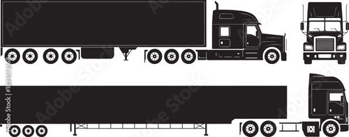 Detailed illustration of semi truck and trailer from multiple angles side front back isolated on white background