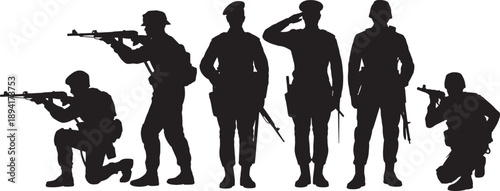 Set of soldiers in various poses with guns and helmets isolated on white