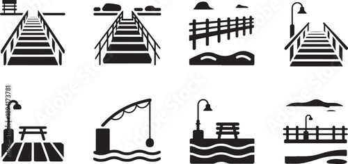 Set of black and white vectors representing piers, docks, and seaside amenities for travel and leisure concepts.