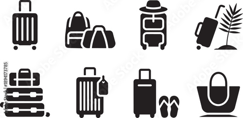 Black and white depicting various types of luggage and travel bags, symbolizing journeys, vacations, and packing.