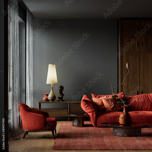 Foto Dark moody contemporary interior living room with deep red sofa, modern lighting, soft textiles and elegant styling, creating a warm sophisticated atmosphere for modern home decor
