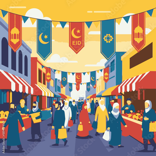 Vibrant Eid Celebration Street Market with People Shopping.