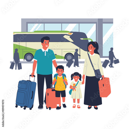 Family with Luggage Standing in Front of Bus at Travel Terminal.