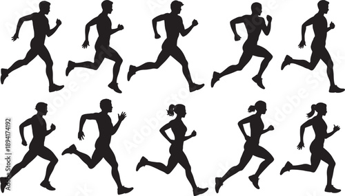 Silhouettes of men and women running in various poses on white background