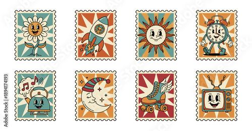 Vintage Rubber Hose Retro Character Postage Stamp Collection for Nostalgic Graphic Design and Scrapbooking