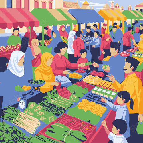 Vibrant Outdoor Market Scene with Fresh Produce and People.