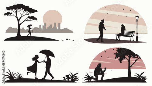 Love Story Silhouettes Set Couple Dating Proposal and Relationship Scenes for Valentine's Day Graphic Design