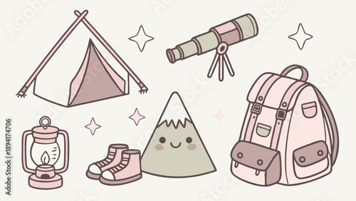Cute Pastel Camping Gear Doodle Minimalist Line Art Adventure Travel Kit Tent Backpack Telescope Boots Hiking Equipment