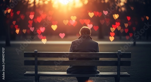 Man sitting alone on bench with heart lights at sunset