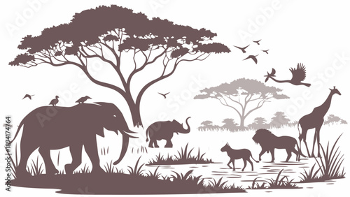 Majestic African Safari Wildlife Silhouette Elephant Giraffe and Lion in Savanna Landscape for Travel Education and Conservation Design