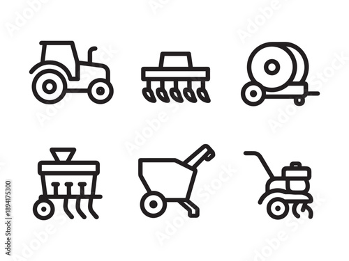 Heavy farming machinery and agricultural equipment icons