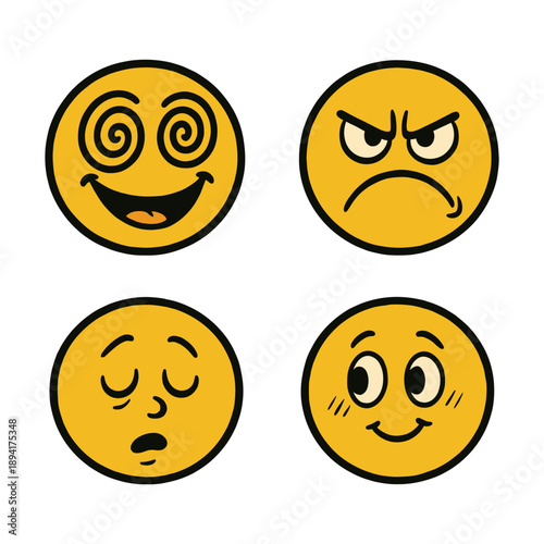 Set of Retro Smiley Face Characters with Different Expressions, Vintage 90s Acid House Style Emoticons