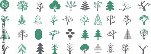Collection of various tree icons in different styles and colors