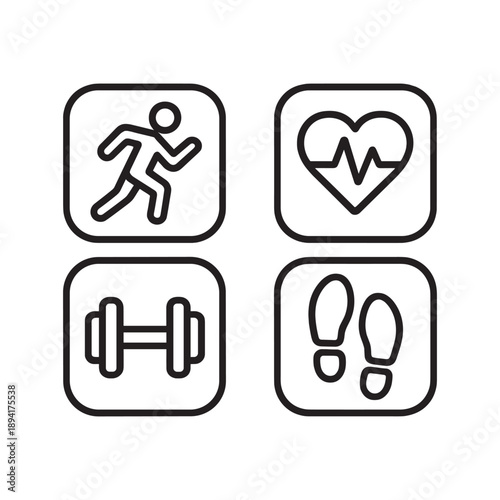 Fitness and healthy lifestyle icons set, symbols of running man, heart pulse, dumbbell and steps