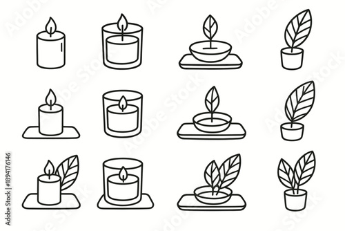 Decor home candle glass leaf minimal plant icons tray candlelight vector icon