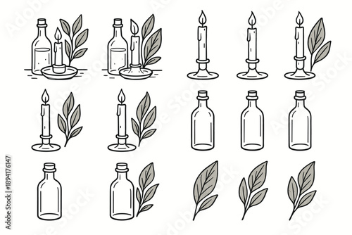 Leaf tall rough candlelight still icon bottle artistic candle vector life set