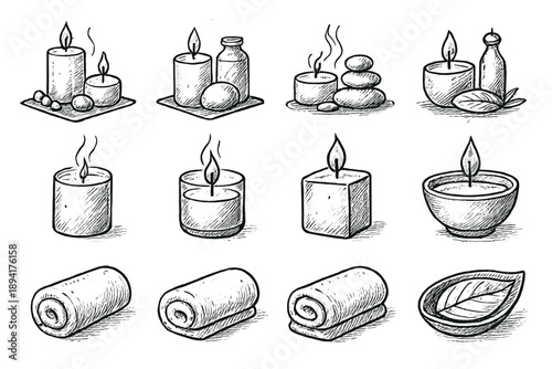 Icon spa corner vector towel candle leaf aromatic bowl tranquil icons