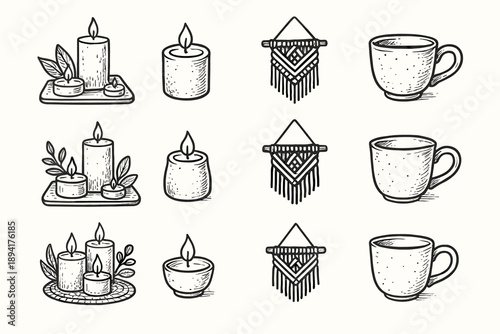 Vector cup collection macrame light setup icon ceramic candle boho