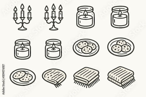 Cookie icon candle plate hygge mood set vector small jar blanket candlelight