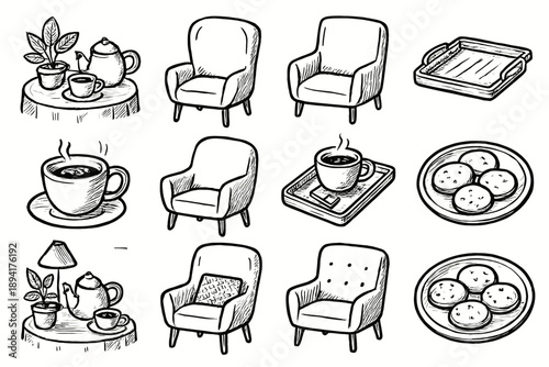 Icon home doodle corner icons tea tray vector time cozy plate chair