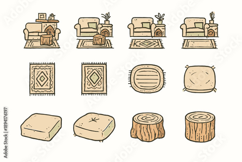 Home floor vector icon living cozy cushion rug log table room rustic