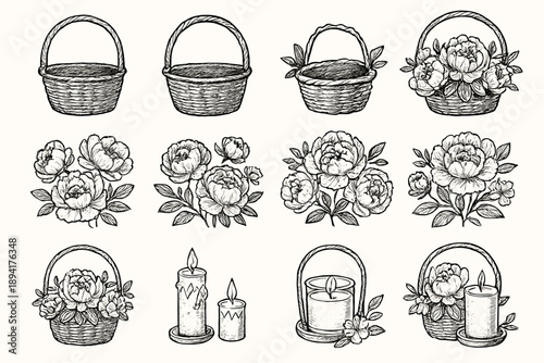 Icon icons drawing candle vector minimal basket peonies floral theme romantic garden