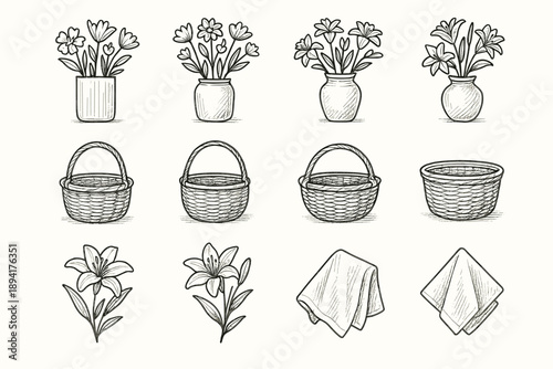 Decor floral icons icon lilies cloth basket pencil wicker vector flower modern