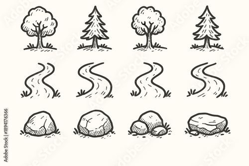 Icons setup vector path tree trail forest handdrawn peaceful icon artistic rock