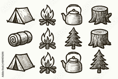 Minimal kettle icon trunk campfire forest camping tree vibe vector collection icons