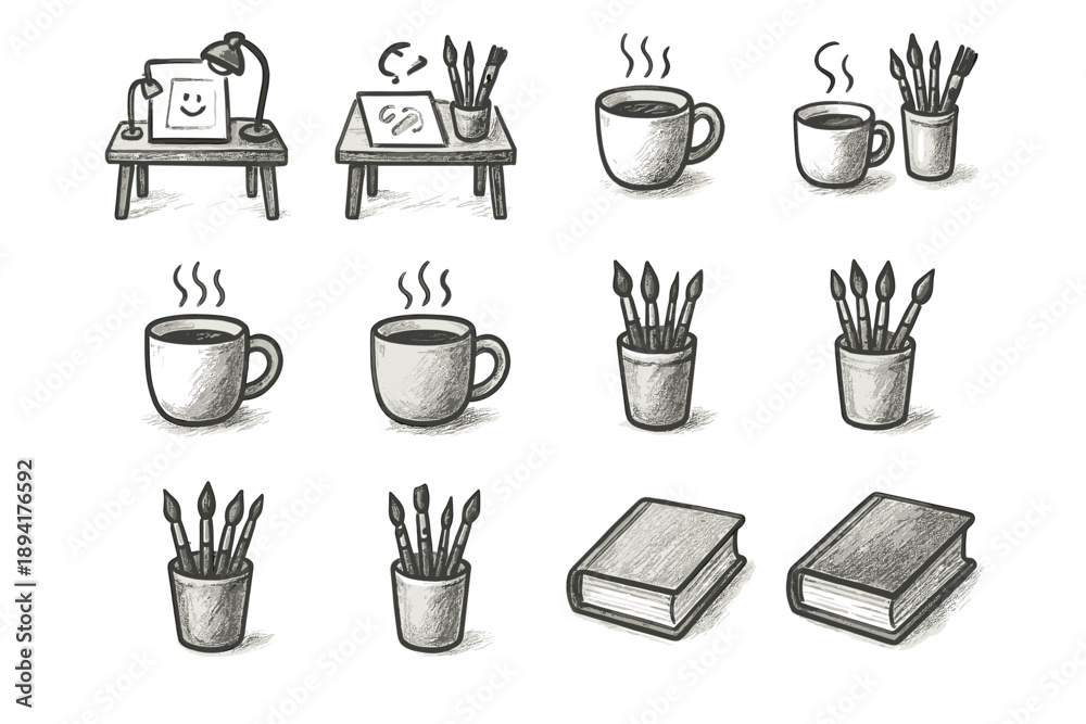 Fototapeta premium Desk paintbrushes art mood book vector artistic cup icon creative coffee