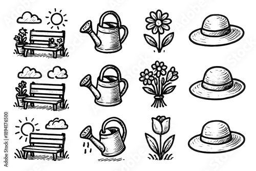 Icons morning can bench garden watering icon setup set hat flowers vector