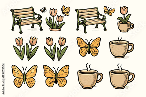 Tulips vector setup icon cup minimal spring garden icons butterfly artistic mood