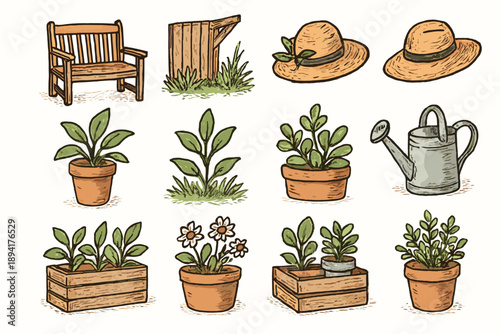 Straw icon rustic countryside corner set watering hat vector pot plants