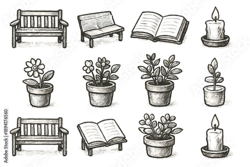 Garden artistic icon flower bench vector candle book outdoor icons life pot
